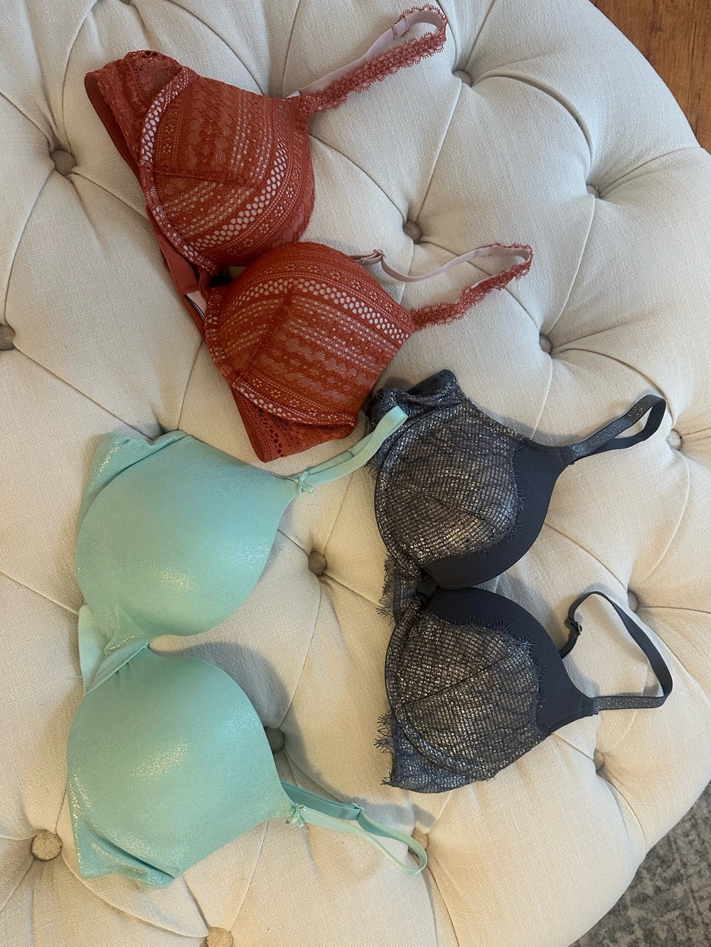 Victoria's Secret Lace & Shimmer Bra Trio - Rust, Mint, Charcoal